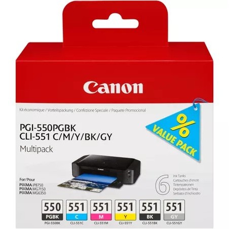 Canon PGI-550/CLI-551 PGBK/C/M/Y/BK/GY Multi Pack - Confezione da 6...